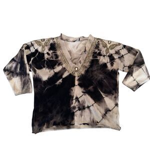 Reworked Vintage 80s Grunge Gold Studded Embellished Distressed V-Neck Sweater L